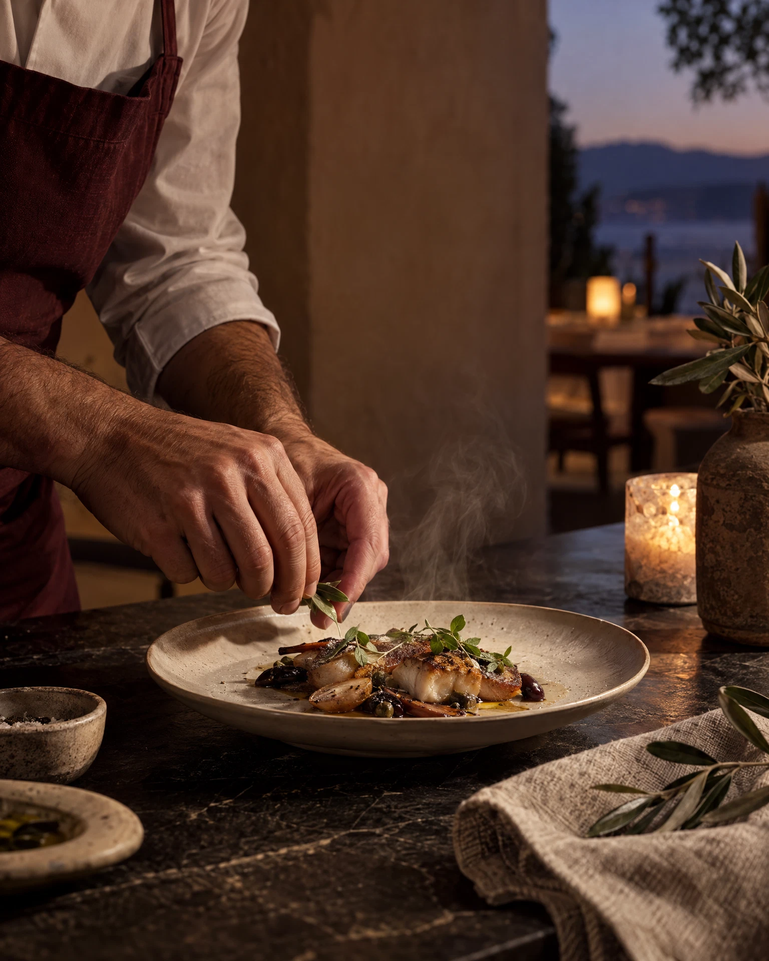 Manos de chef terminando un plato de temporada