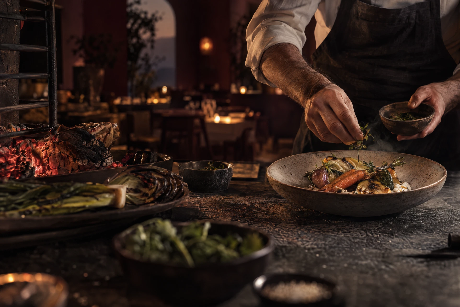 Cocina al fuego con emplatado de temporada